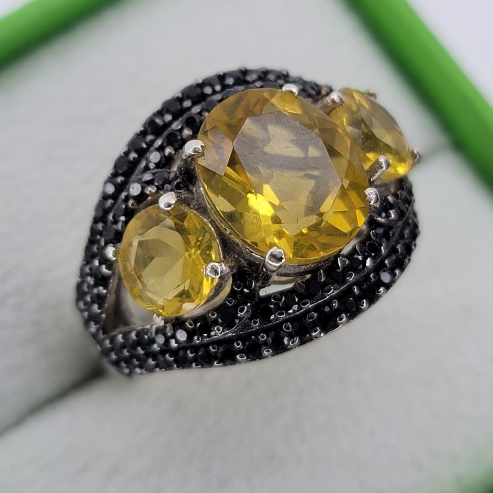 Oval Cut Yellow Citrine Gemstone Halo Trinity Journey Trilogy .925 Ring